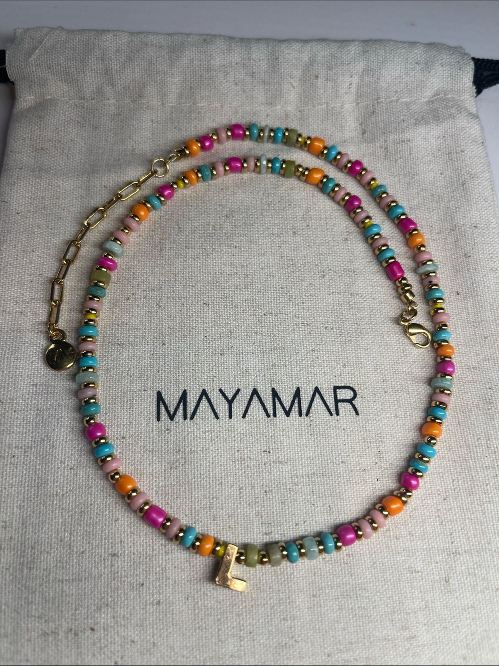 ‘L’ Initial Pendant - Multicolor Beaded Necklace with Gold - Women's Jewelry